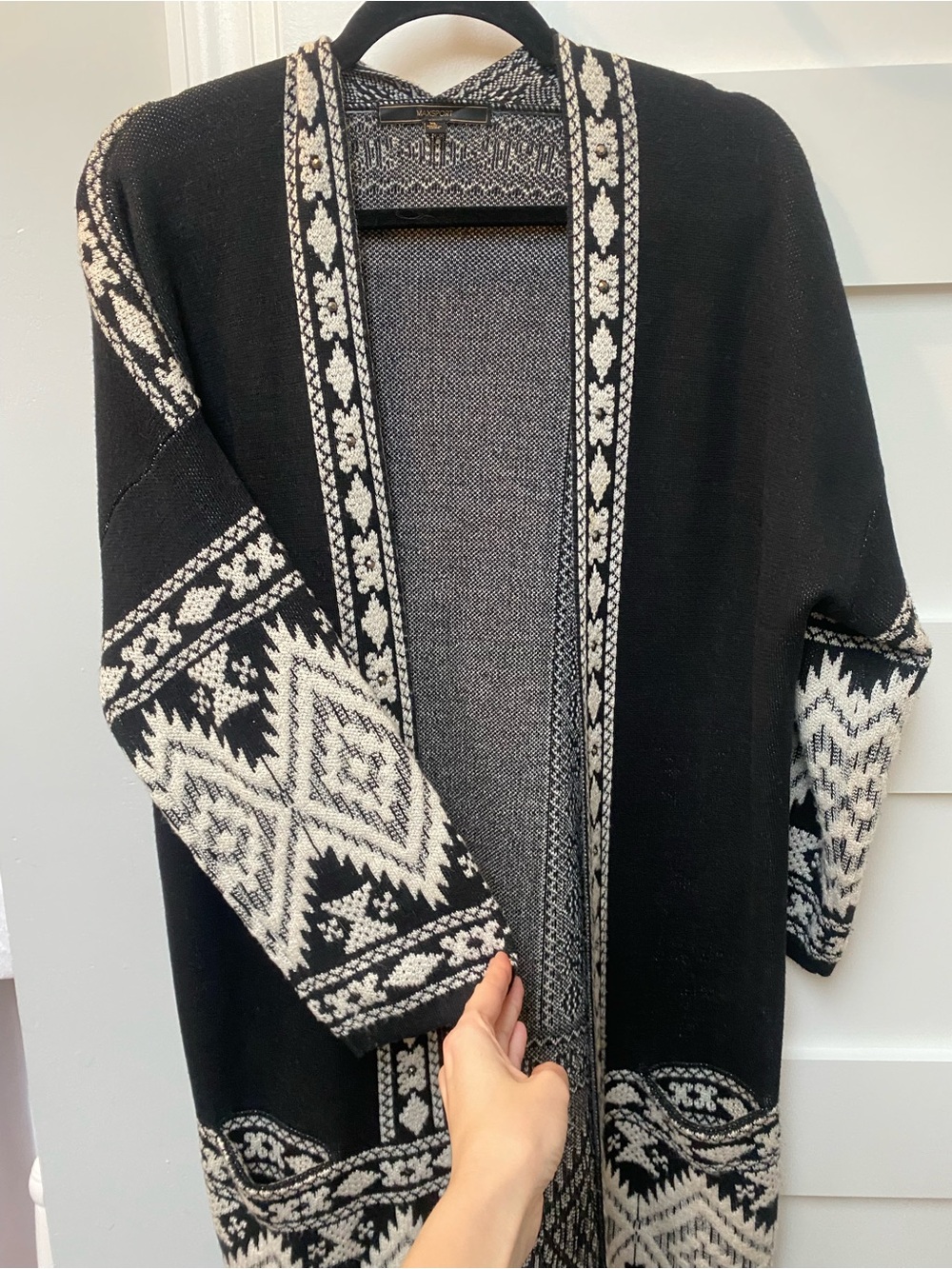 Maxsport black and white long open cardigan with Aztec print size xl